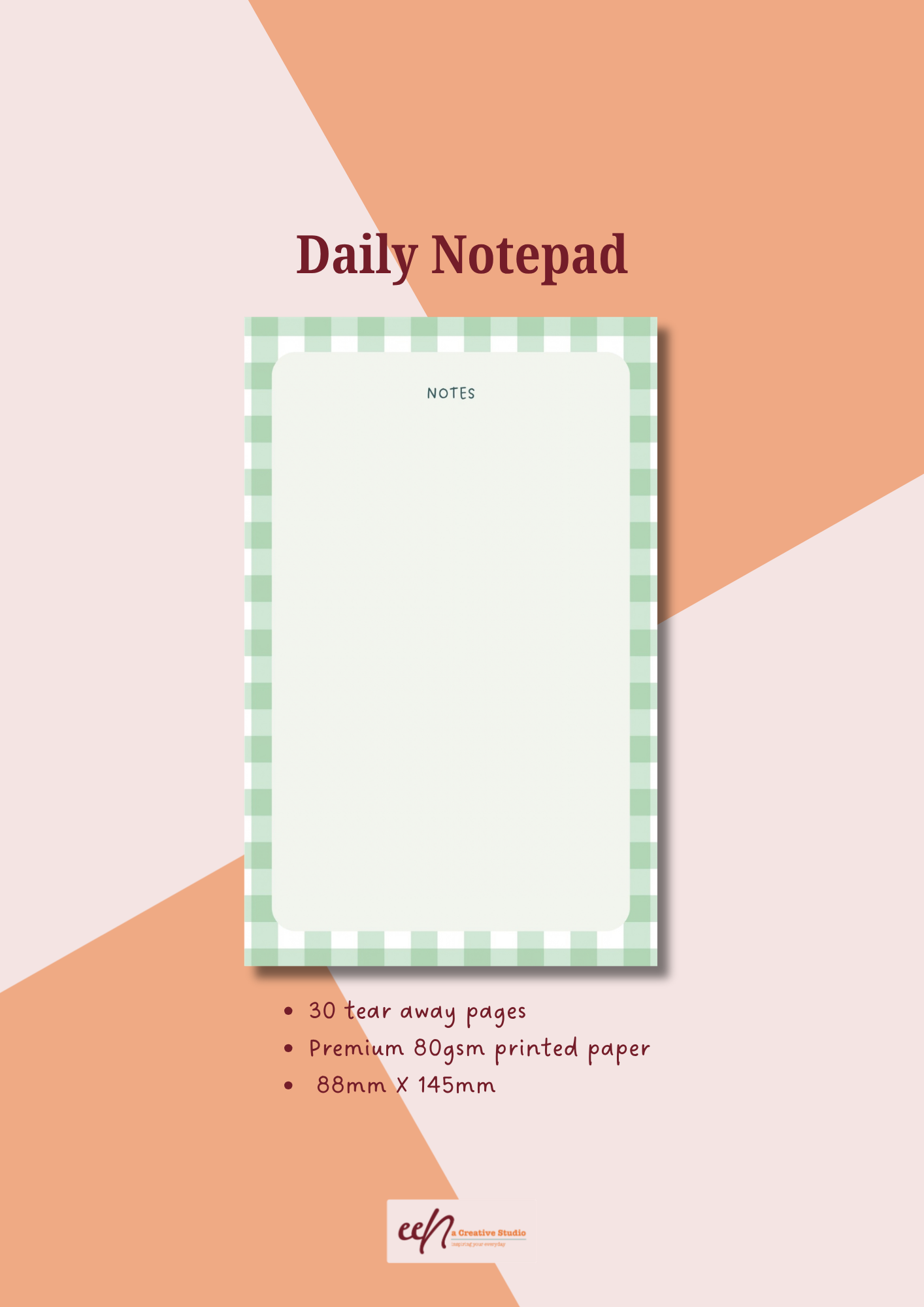 Cute Notes Notepad | Green Gingham Tear-Away Notepad for Everyday Notes & Lists
