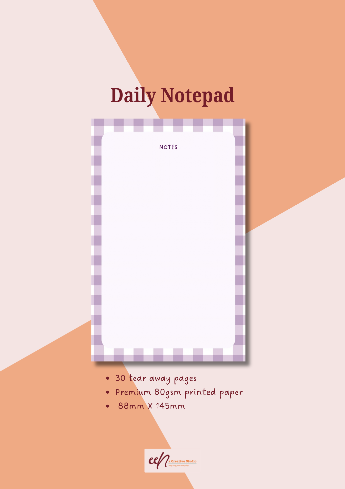 A6 Minimalist Notepad - Lavender Purple Gingham Pattern