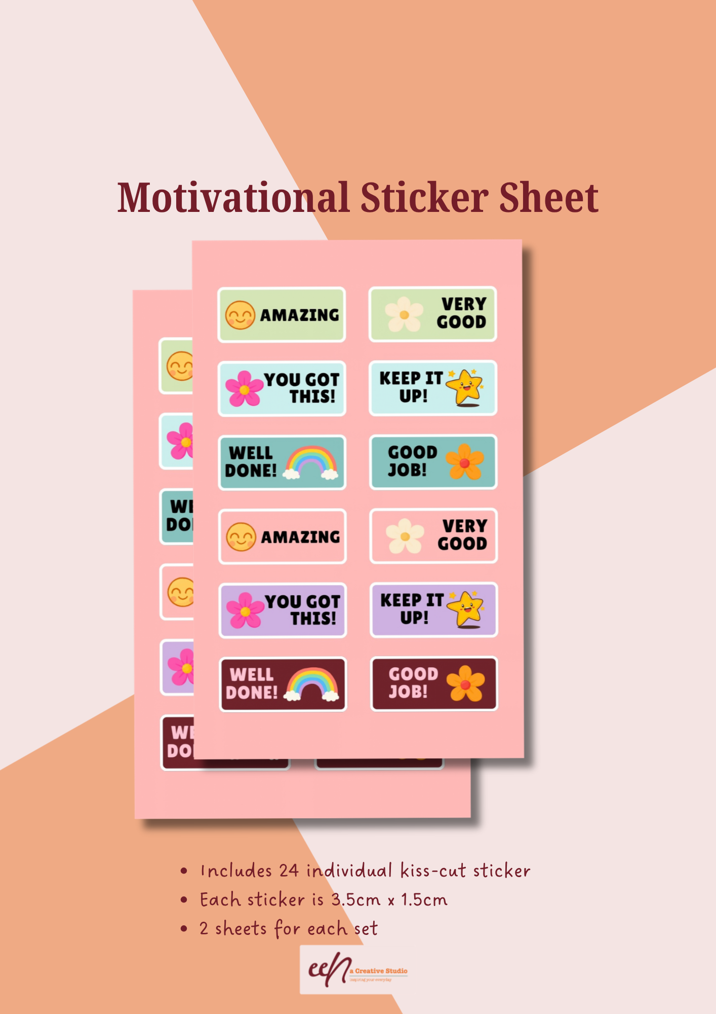 Motivational Sticker 2 Sheets Set | Cute Encouragement & Positive Quote Stickers | 24 Waterproof Stickers